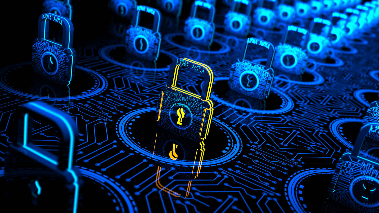 En serie hengelåser med en digital kretskortbakgrunn. Hengelåsene er opplyst i blått, med en sentral hengelås fremhevet i gult. Scenen gir et inntrykk av cybersikkerhet eller databeskyttelse, med låsene som symboliserer sikkerhetstiltak i et digitalt miljø. Illustrasjon.