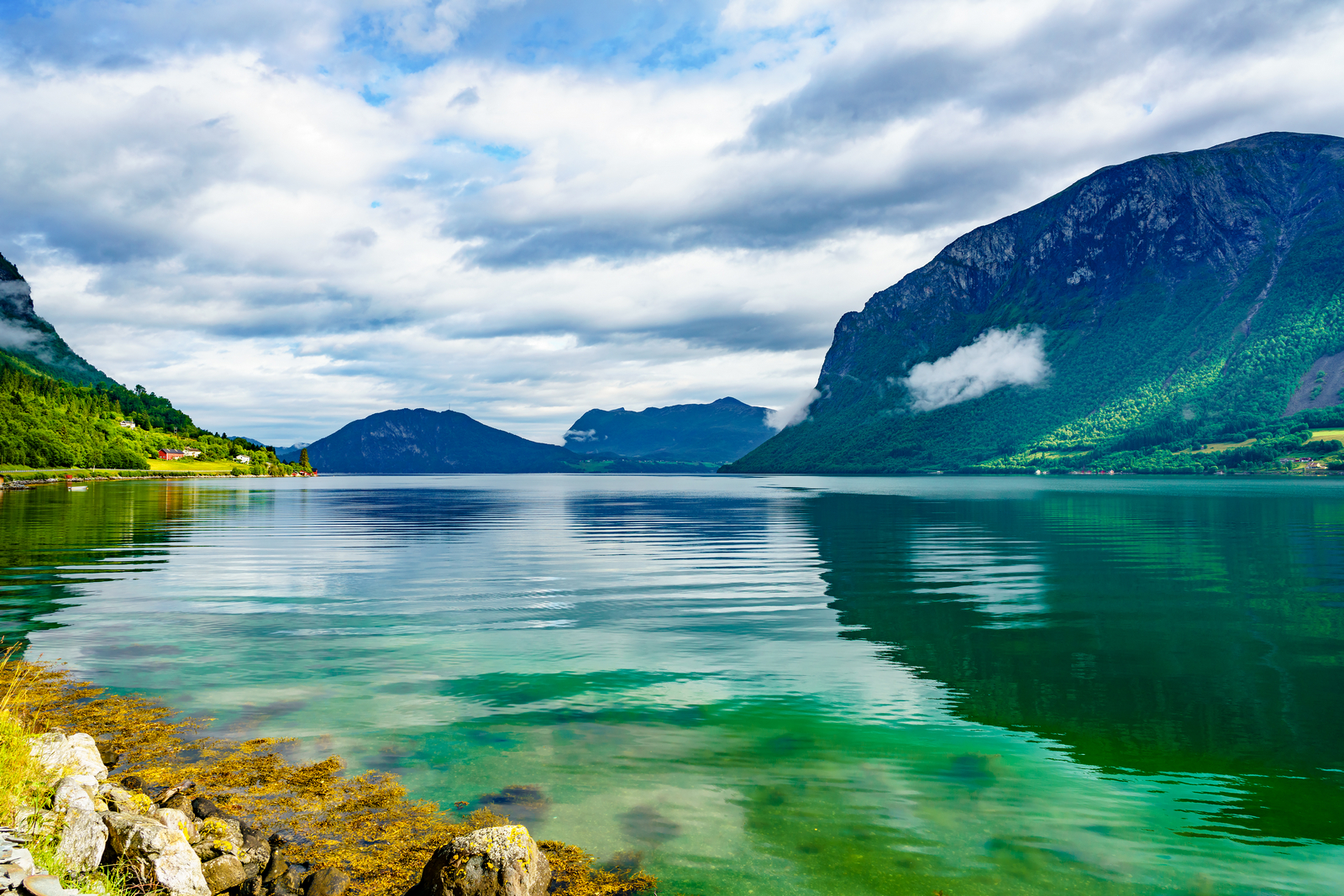 Rolig vann omgitt av frodige grønne fjell. Vannet reflekterer vegetasjonen og den skyete himmelen over. Det er små vegetasjonsflekker og steiner langs strandkanten i forgrunnen. I det fjerne er det flere fjell med noen skyer som henger lavt rundt dem. Foto.