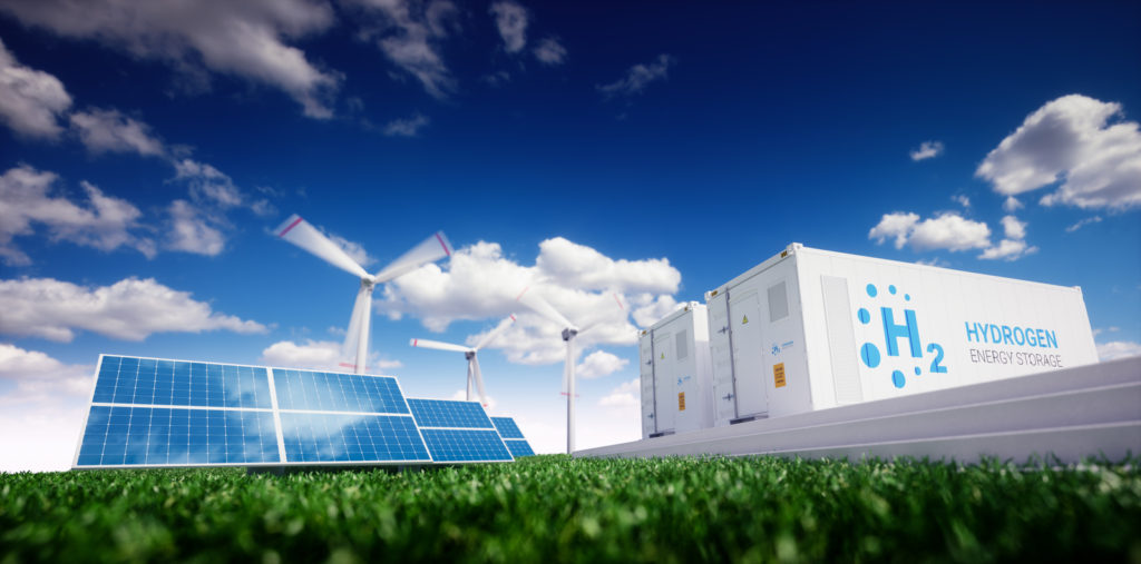 Hydrogen energilagring med fornybare energikilder - solcelle- og vindturbinkraftverk. Foto.